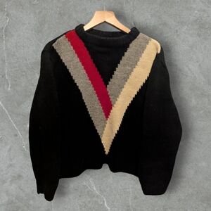 NOT FOR SALE.  Vintage HANDKNIT Sweater with Red and Gray Chevron Chest 43" M/L